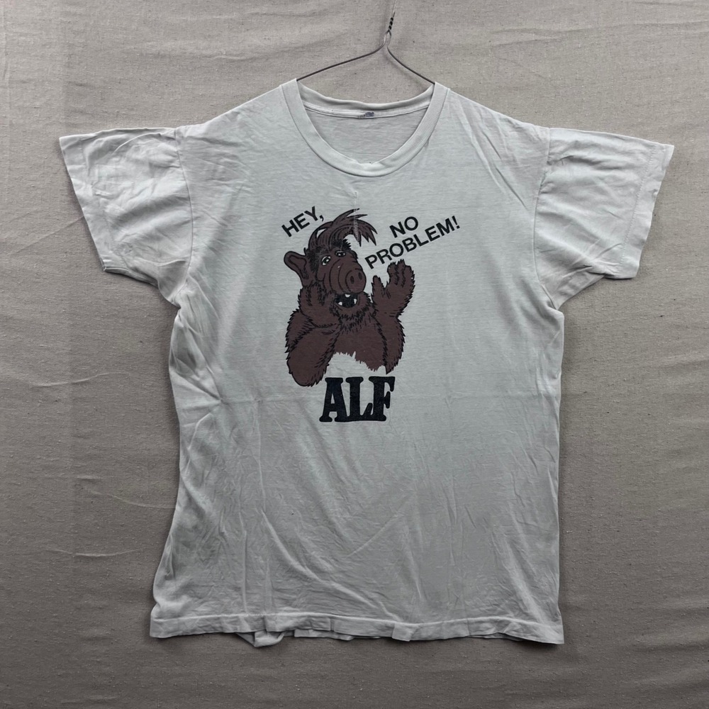 Vintage ALF Graphic T-Shirt Mens Medium White 80s Paper Thin Hey No Problem